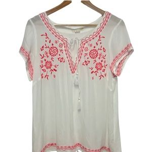 White Short Sleeve Top with Pink Embroidery